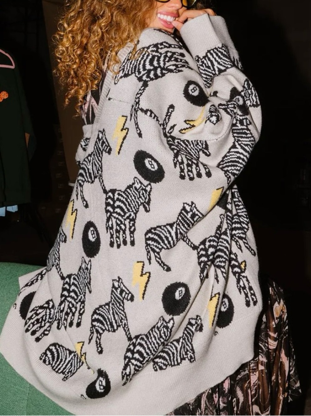 Dressed in LALA Good Luck Charm Gray Zebra, 8 Ball, Lightning Bolt Knit Cardigan